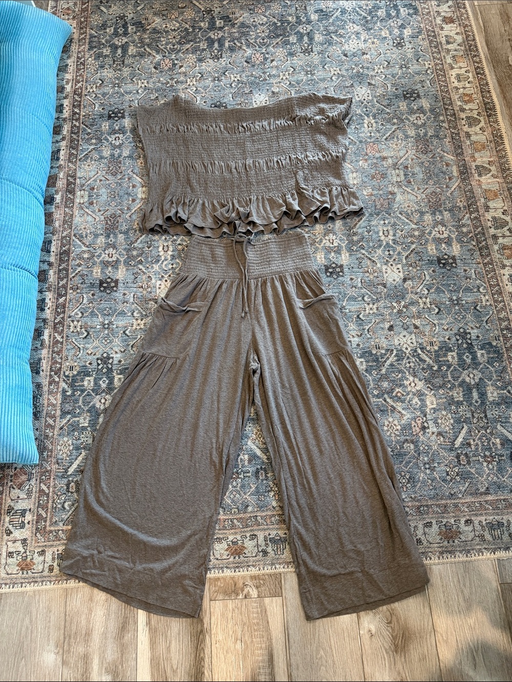 We The Free Brown Smocked Tube Top with Wide-Leg Pants Set